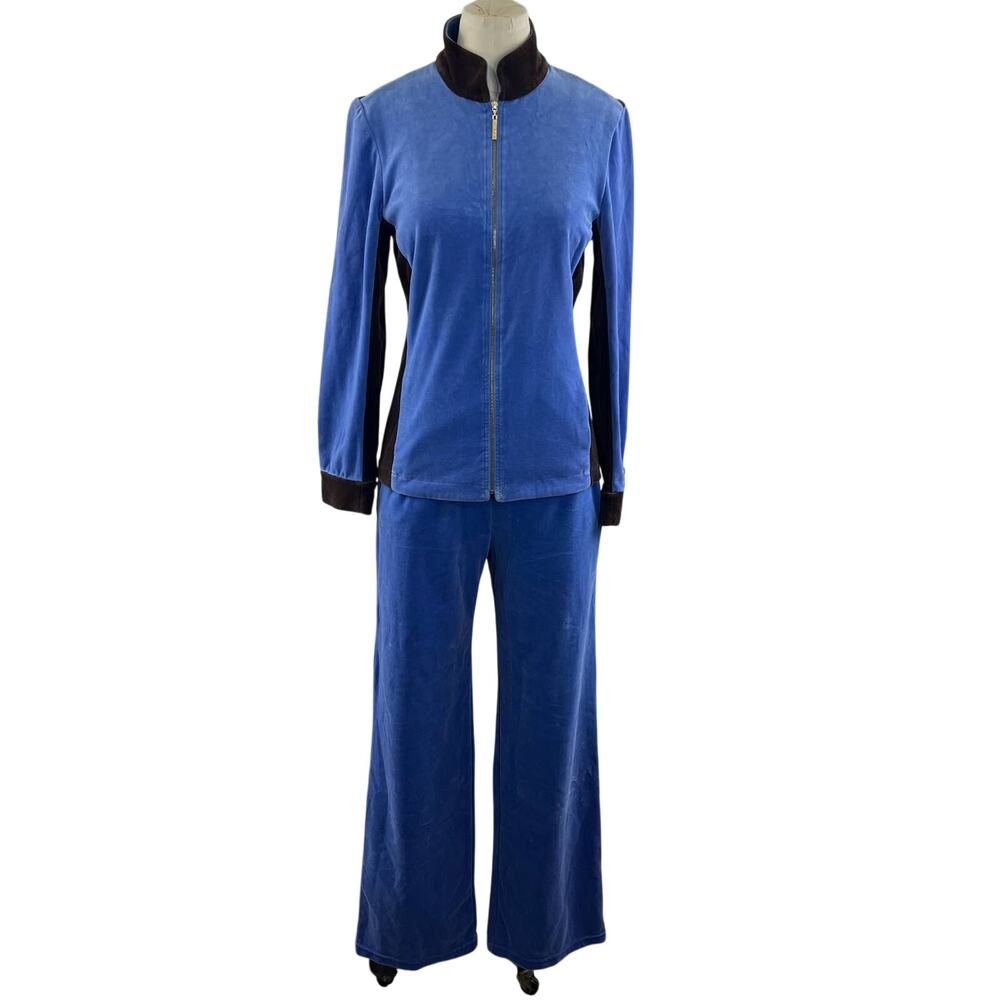 ST JOHN Sport Blue Brown Velour 2-Piece Track Suit Full Zip Jacket Pants P/S VTG